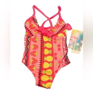 Punk Platinum Girls One Piece Swim Suit Size 12 Months Hot Pink and Fruit Print
